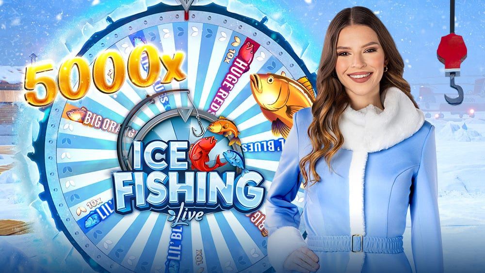 Ice Fishing Live key art showing the money wheel with Huge Reds, Big Oranges and Lil Blues segments, fish, a 5000x multiplier and the game host