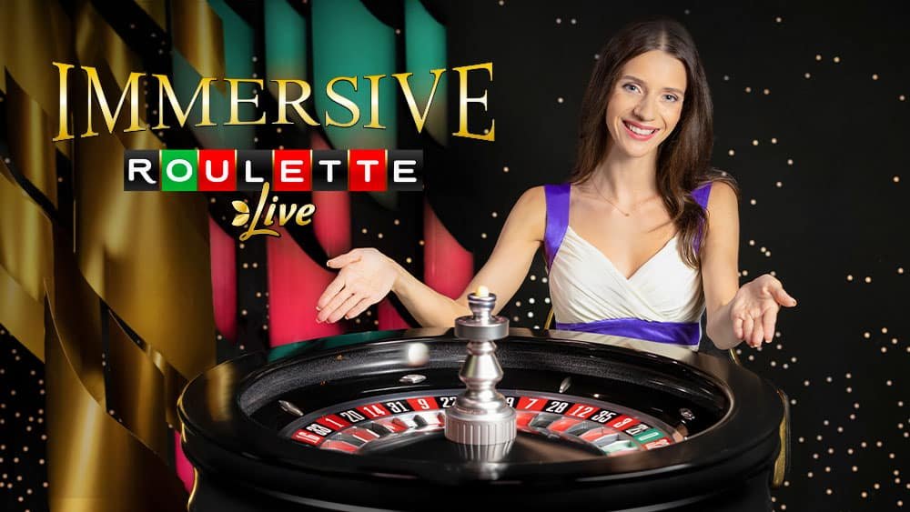 Immersive Roulette Live key art with the gold logo, a dealer in a white and purple dress and the roulette wheel