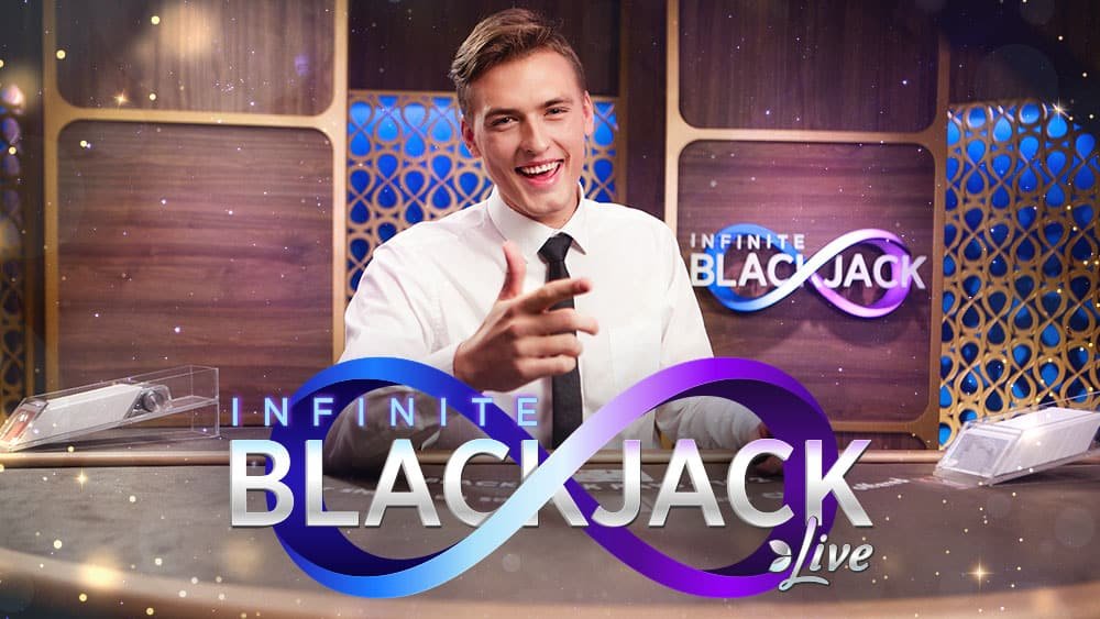 Infinite Blackjack Live key art with a dealer in a white shirt and tie behind the table and the infinity logo