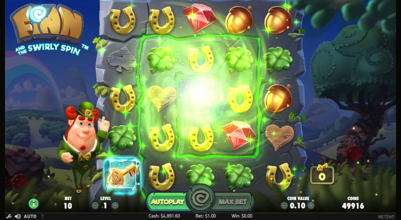 An Irish themed slot grid of horseshoes and four leaf clovers beside a leprechaun character and a rainbow