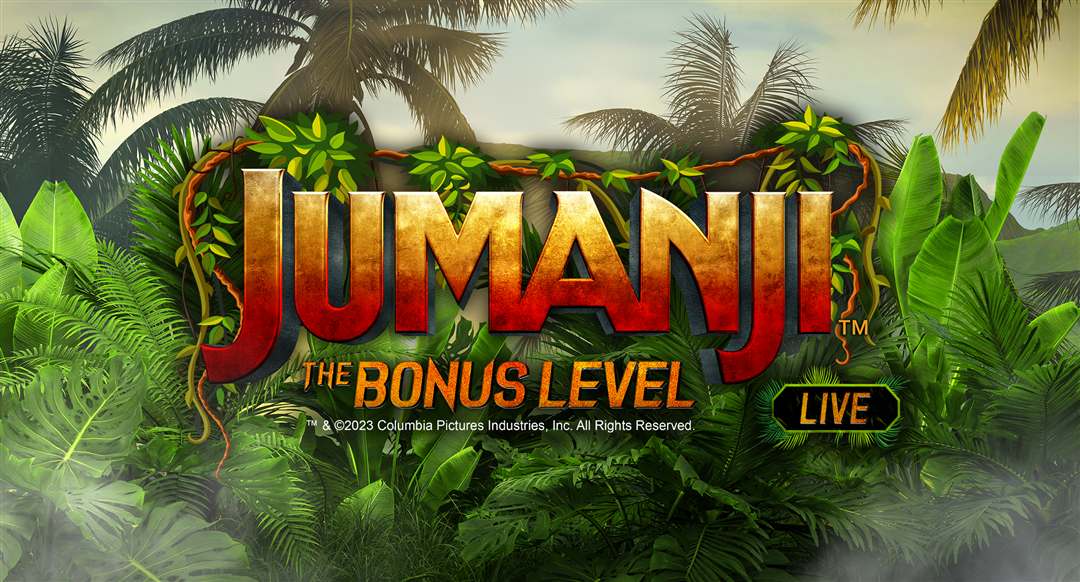 Jumanji The Bonus Level Live logo over a jungle of palms and giant leaves