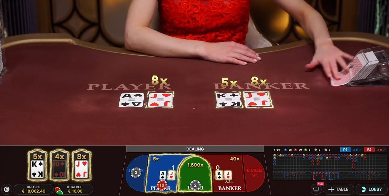 Lightning baccarat live round with 8x and 5x Lightning Card multipliers on the Player and Banker cards and a 1,600x Tie spot