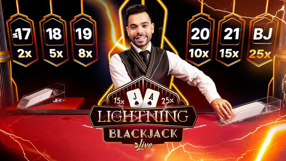Lightning Blackjack key art with the dealer at the black and gold Art Deco table