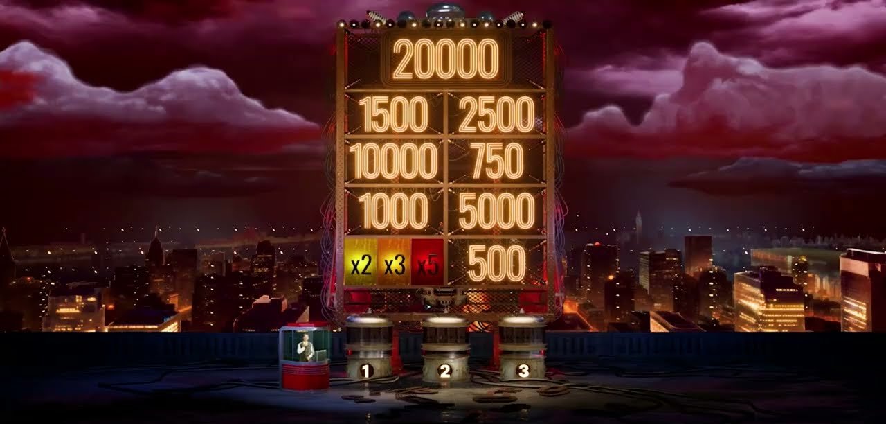 The lightning storm live bonus billboard over a night city with Regular multipliers from 500 to 20000, x2, x3 and x5 Global multipliers and three strike pods