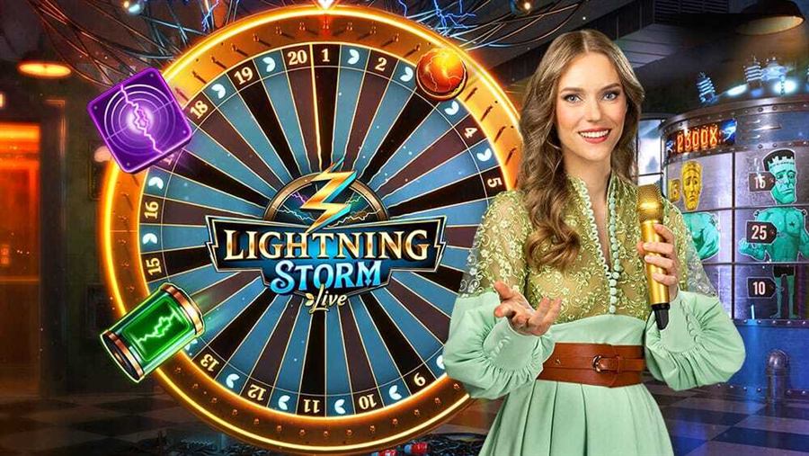 Lightning Storm Live key art with the numbered DigiWheel, battery and Fireball symbols, the Monster Mash reels and the game host