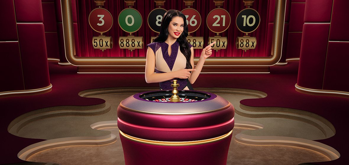 Lucky 6 Roulette key art with the presenter at the burgundy wheel under six Lucky Numbers carrying 50x, 88x and 888x multipliers