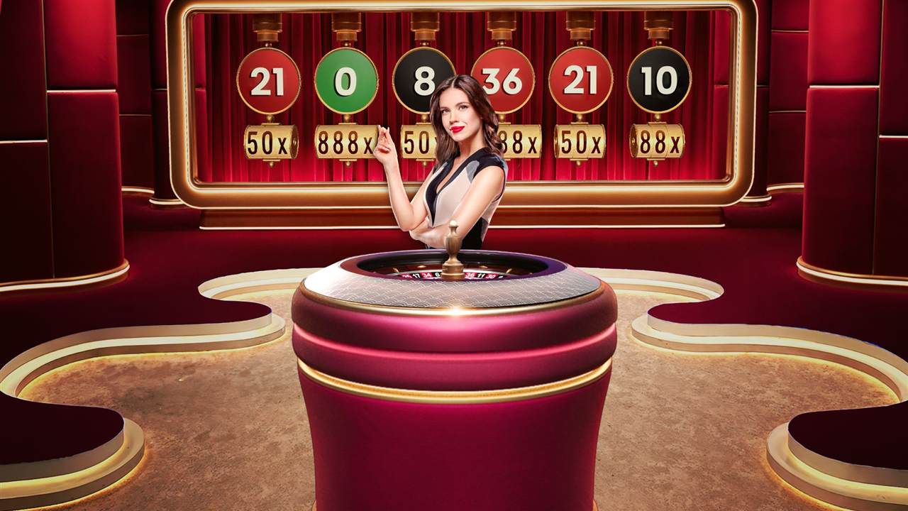Lucky 6 Roulette presenter beside the wheel under six Lucky Numbers with 50x, 88x and 888x Lucky Multipliers