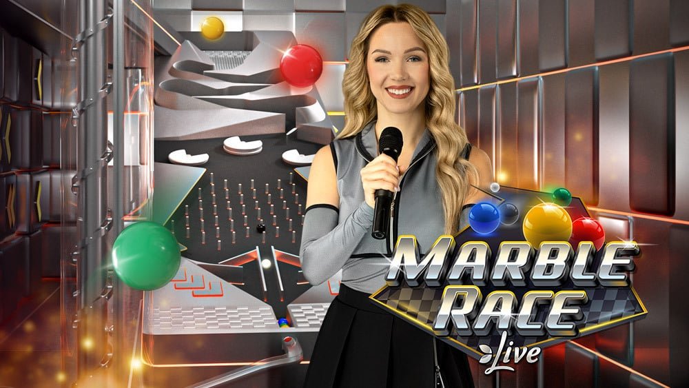 Marble Race Live presenter beside the grey track with coloured marbles and the game logo