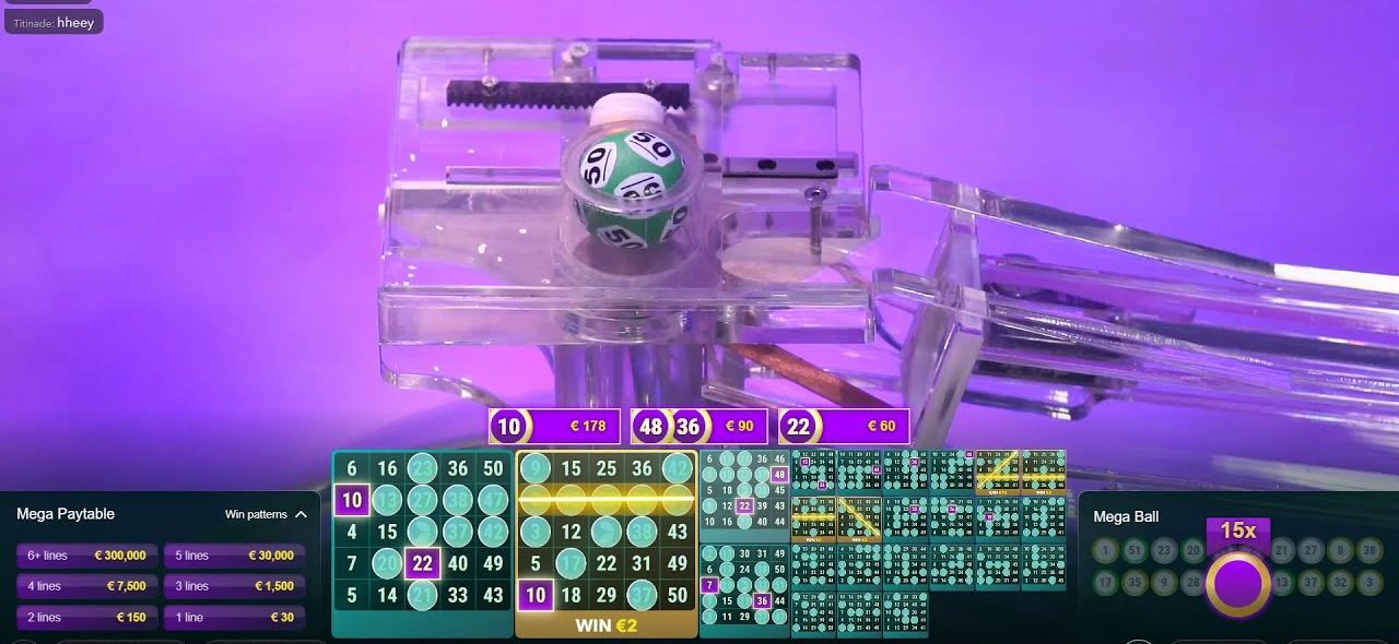 A mega ball live ball being drawn above bingo style cards, the payout ladder and the Mega Ball multiplier panel
