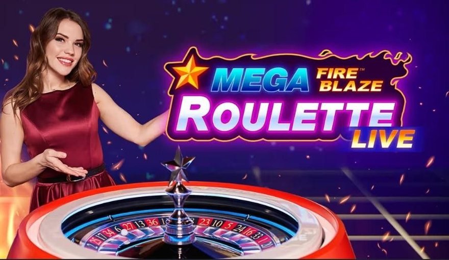 Mega Fire Blaze Roulette Live logo beside a presenter and the red roulette wheel with its star turret