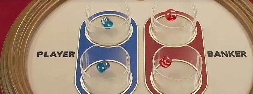 Mega Sic Bac table with two blue Player dice and two red Banker dice in clear individual shakers
