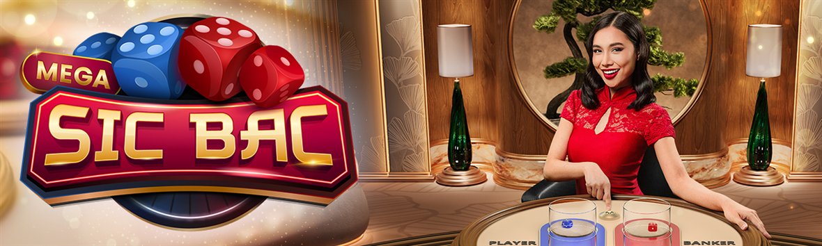 Mega Sic Bac key art with two blue and two red dice and the presenter in a red dress at the dice table