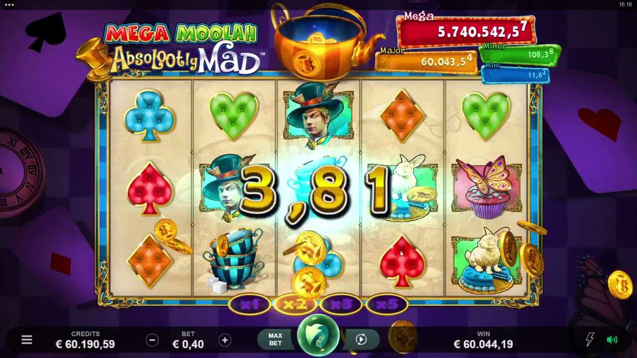 A Microgaming progressive slot showing the four jackpot tiers above the reels with credits, bet and win fields