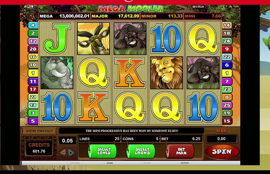 Mega Moolah reels with the four progressive tiers across the top and the lines, coins and bet controls below