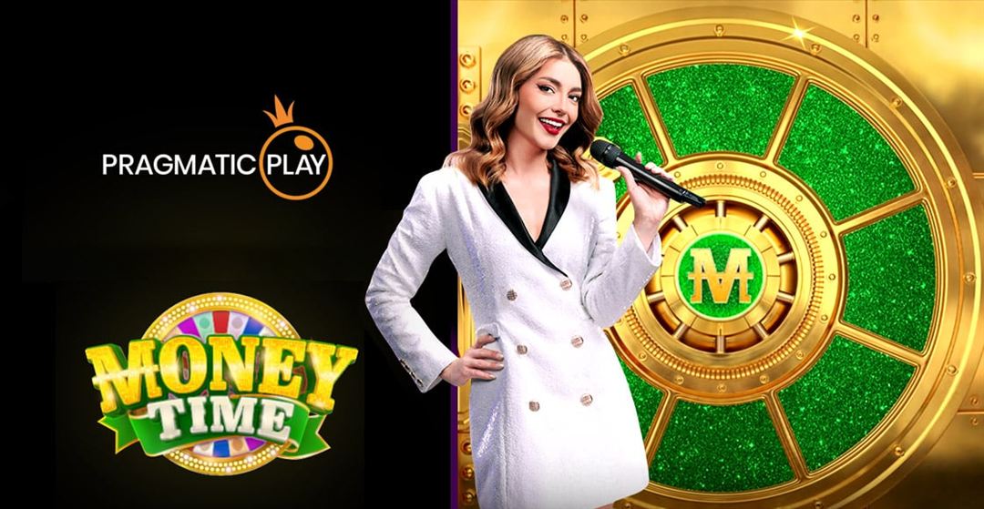 Money Time key art with the Pragmatic Play logo, the Money Time logo and the host in a white jacket before a golden vault door