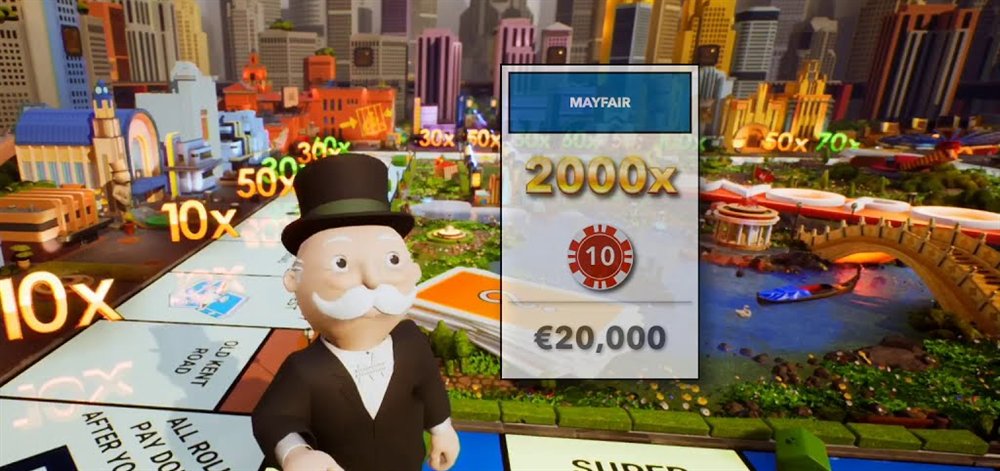 Mr. Monopoly on the monopoly live 3D bonus board beside a Mayfair card showing a 2000x prize