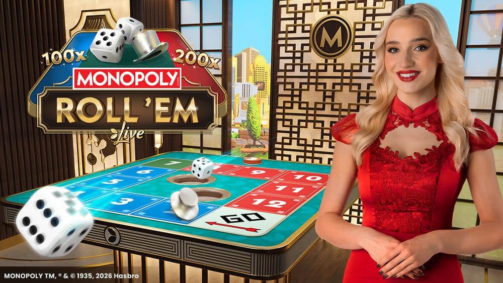 MONOPOLY Roll em Live key art with the presenter in red beside the dice board, the top hat and the game logo