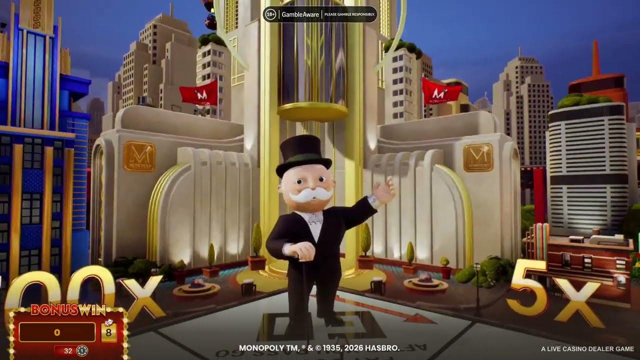 MONOPOLY Roulette Live bonus board with Mr. Monopoly standing on the 3D board and multipliers on the properties