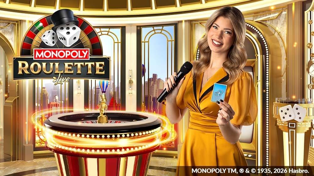 MONOPOLY Roulette Live key art with the presenter holding a Community Chest card beside the wheel and the dice