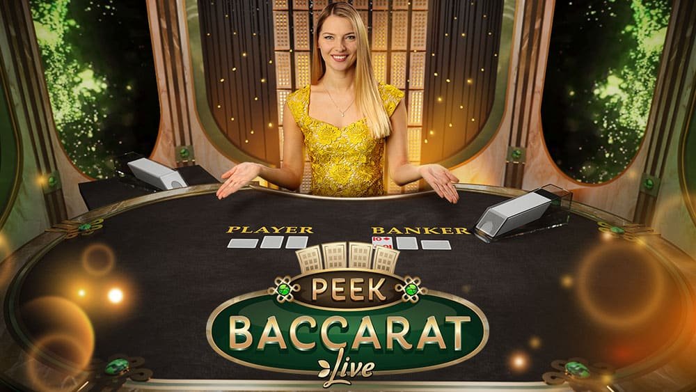 Peek Baccarat key art with the dealer at the gold and green baccarat table