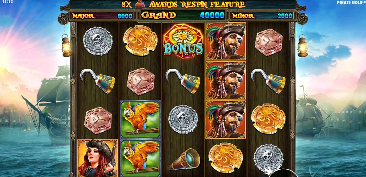 A pirate slot grid with grand, major and minor jackpot tiers across the top and a bonus symbol on the middle reel