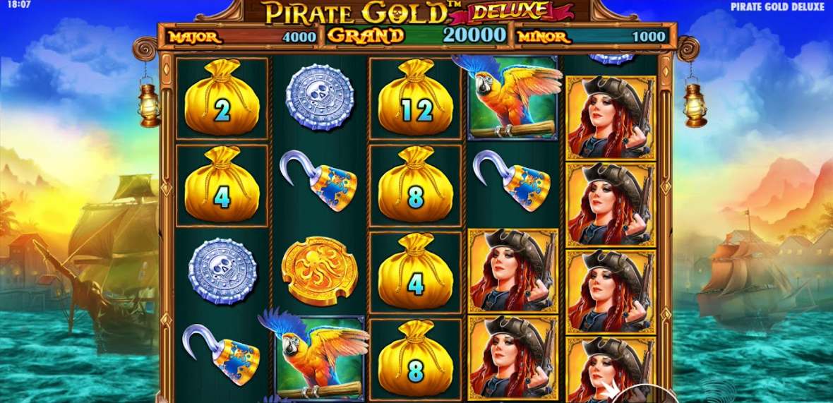 A pirate slot showing money bag collection symbols with printed values beside the jackpot tier bar