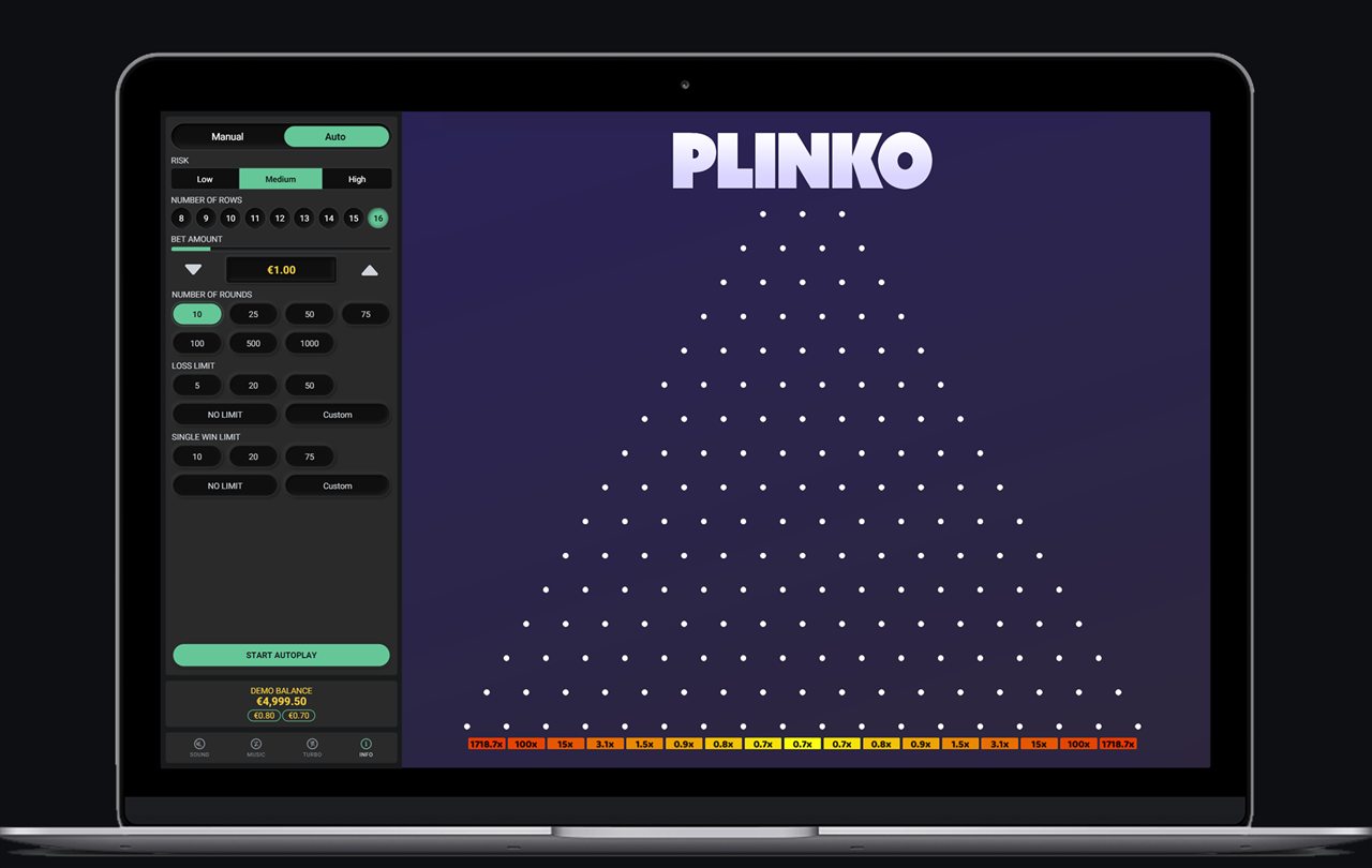 A Plinko game on a laptop showing the peg pyramid, risk selector, row count and the multiplier strip along the bottom