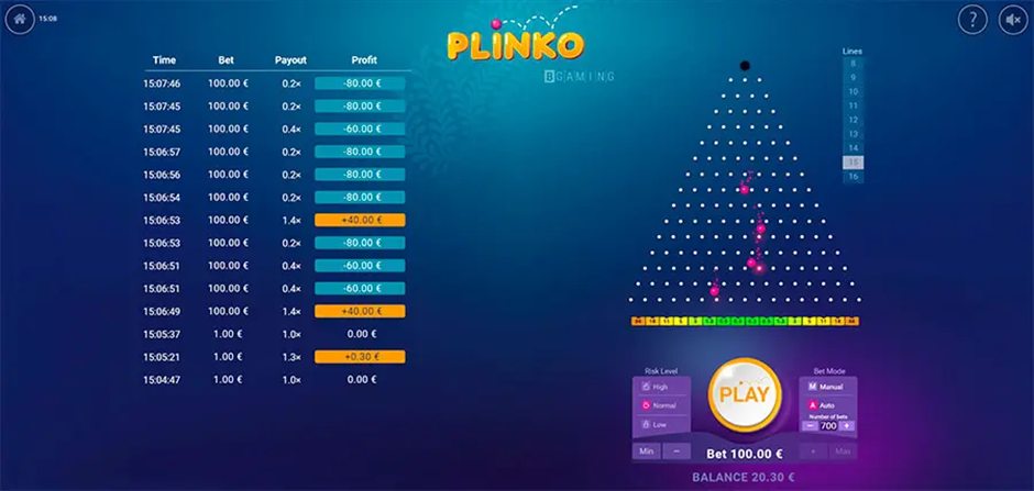 A Plinko game screen with the risk level and line count controls beside a bet history listing payouts and profit