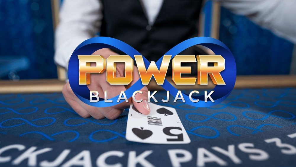 Power Blackjack key art with the infinity logo over a blue felt table and a dealer holding cards
