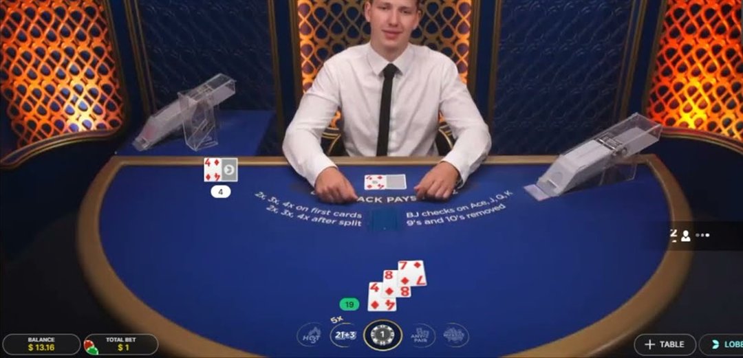 A power blackjack live table with the felt printing 2x, 3x, 4x on first cards, 2x, 3x, 4x after split and 9s and 10s removed