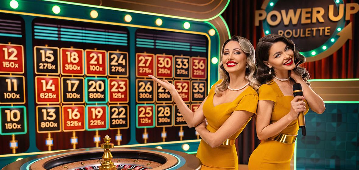 PowerUP Roulette key art with two presenters in mustard dresses beside the multiplier board and the roulette wheel