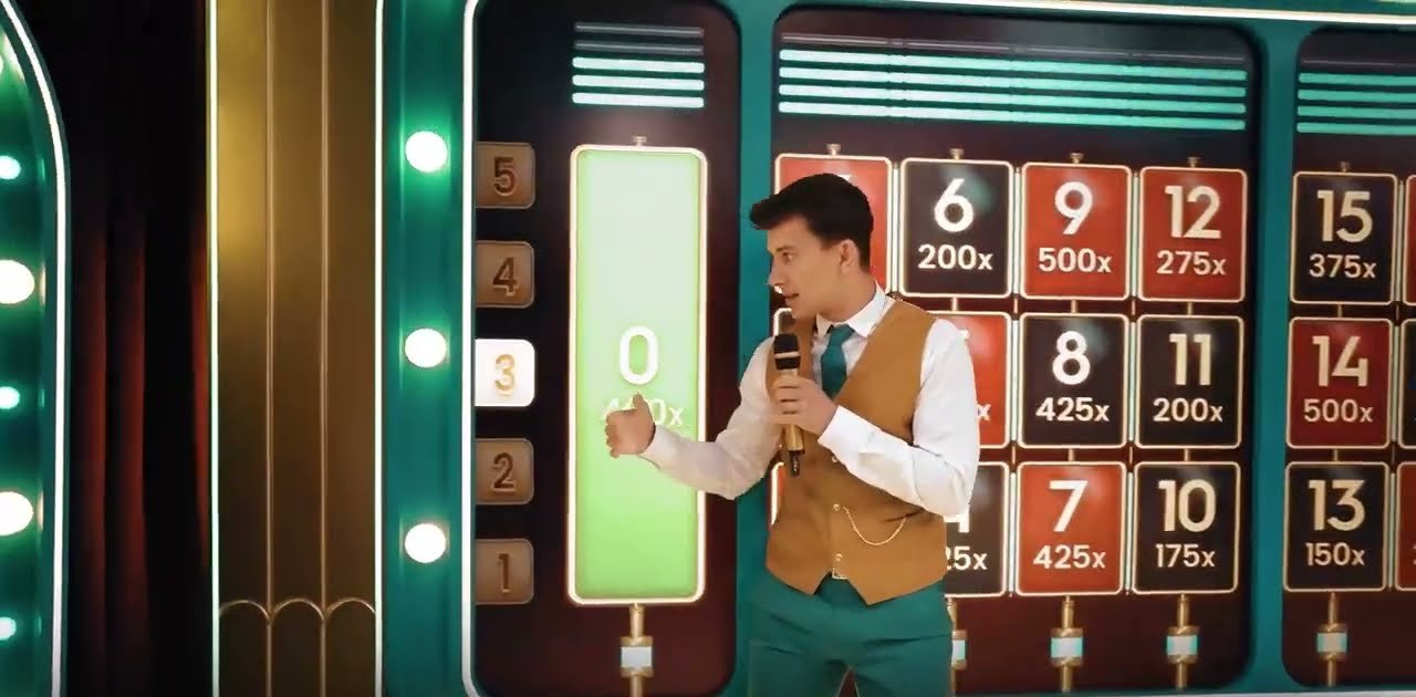 PowerUP Roulette presenter beside a board of numbers carrying multipliers from 150x to 500x
