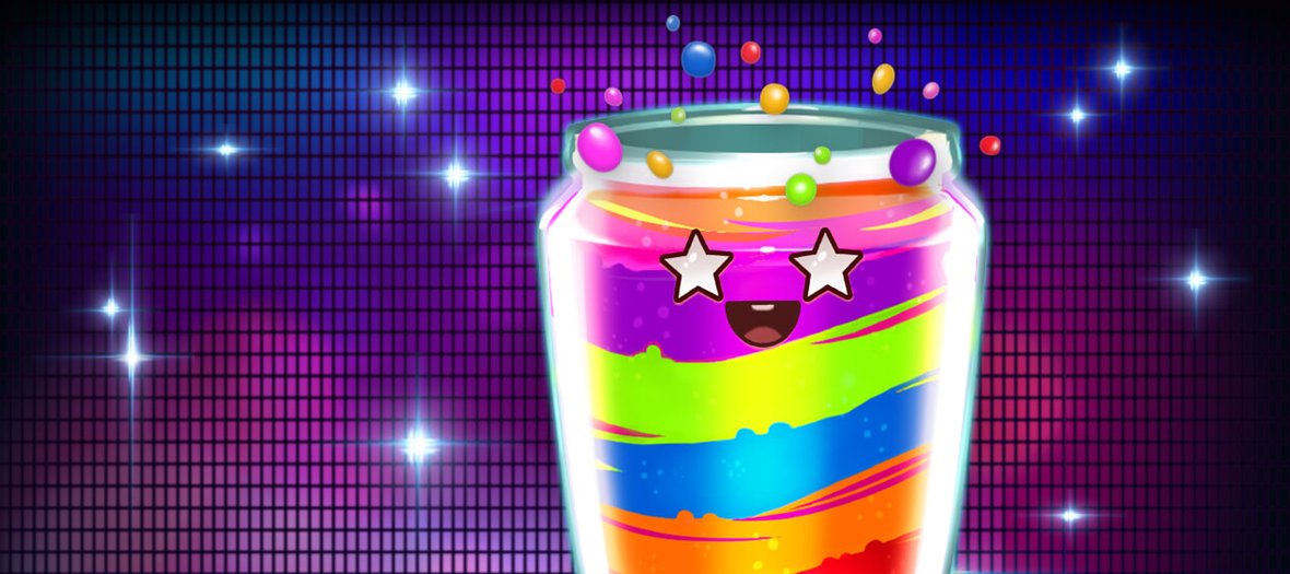The Jammin Jars rainbow jar character in front of a purple disco wall