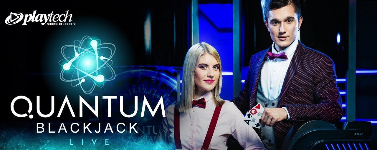Quantum Blackjack Live logo beside two Playtech dealers at the Quantum table, one holding an Ace and a Queen