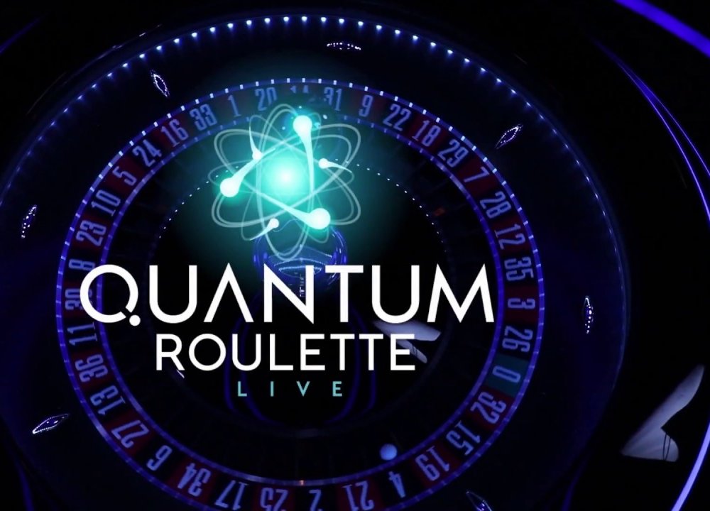 Quantum Roulette Live logo with its atom symbol over the blue-lit roulette wheel