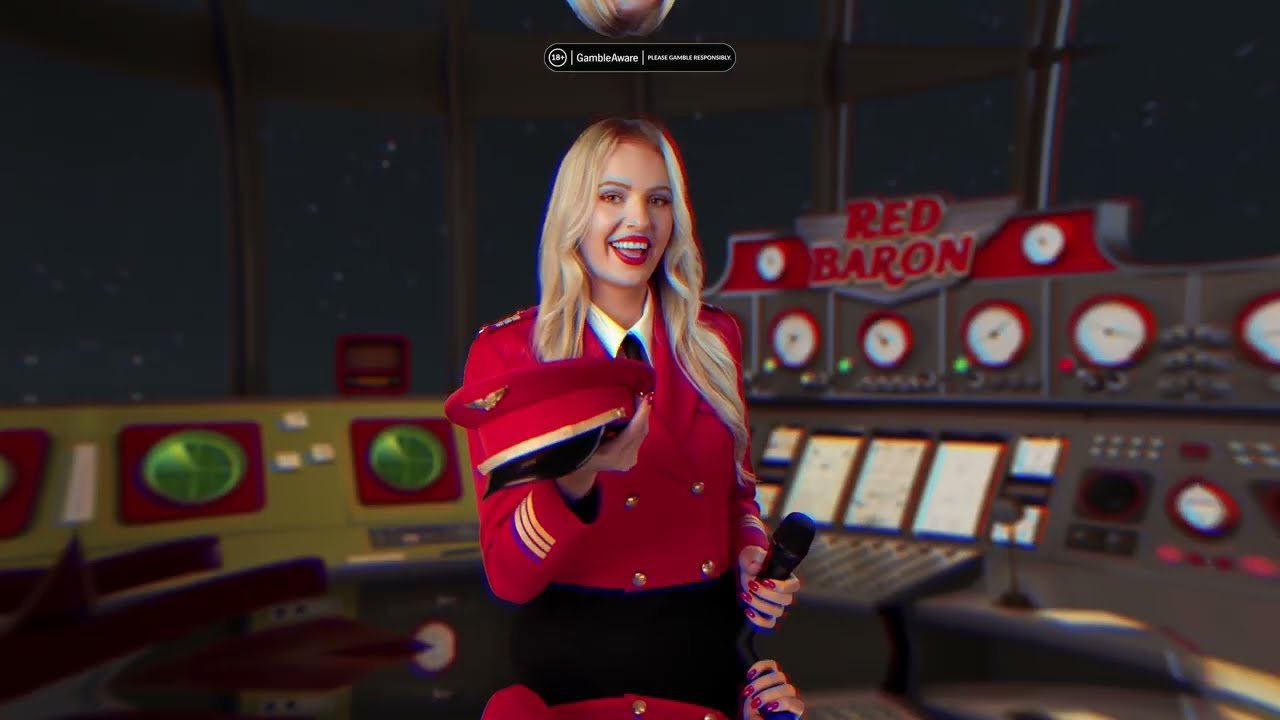 Red Baron Live host in a red uniform and peaked cap in front of the cockpit control panel