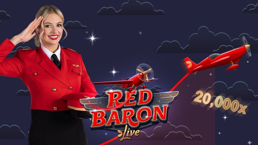 Red Baron Live key art with the host in a red pilot uniform saluting beside a red plane and a 20,000x multiplier