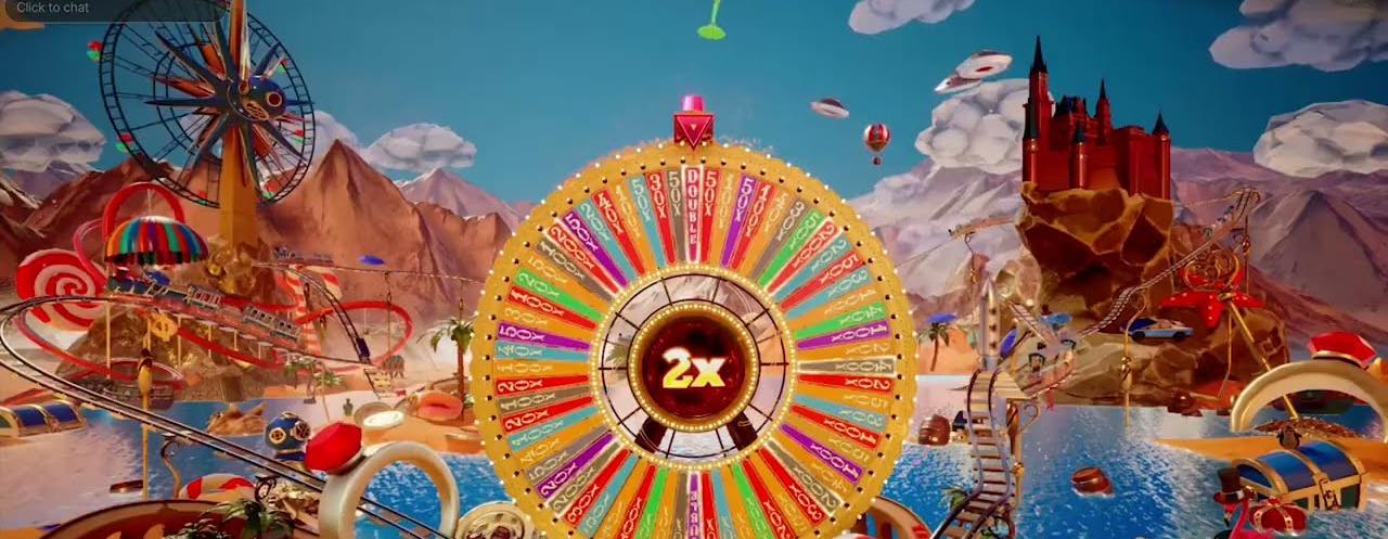 The red door roulette live bonus wheel with 50x, 100x and DOUBLE segments and a 2x boost in the hub, set in the Crazy Time bonus world