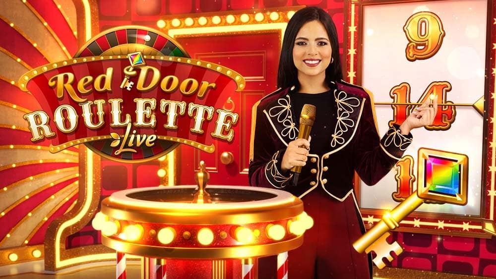 Red Door Roulette Live key art with the roulette wheel, the Bonus Number slot, a golden Key and the game host beside the red door