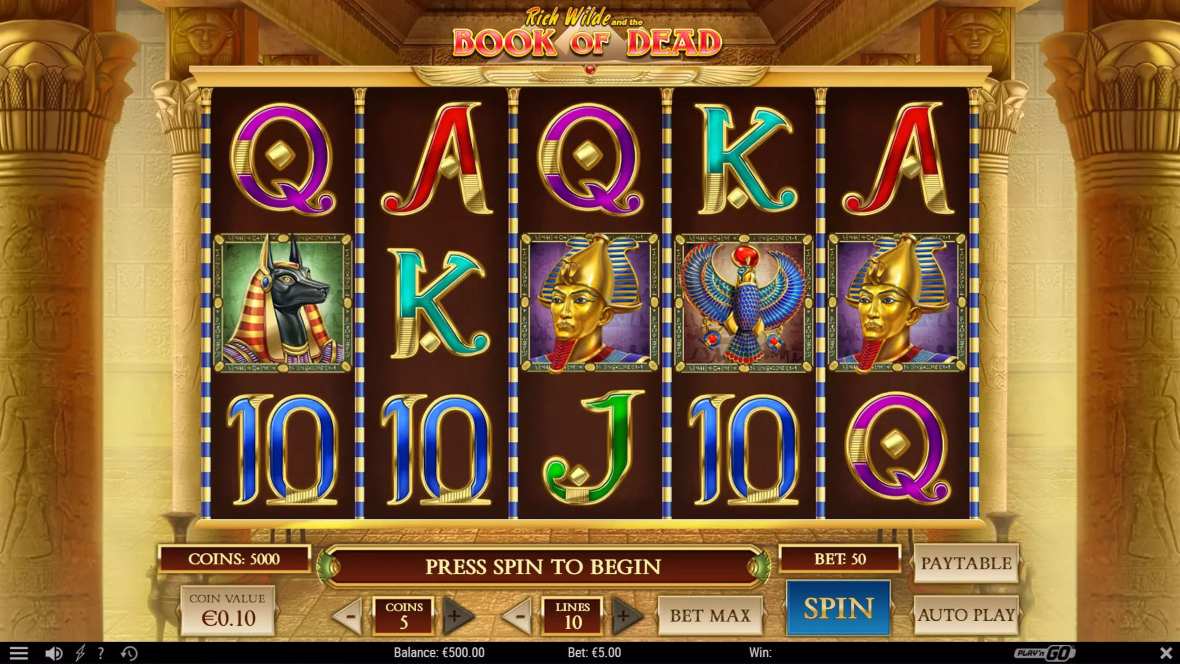A five reel slot grid of card royals and themed symbols above the coin value, lines and bet controls