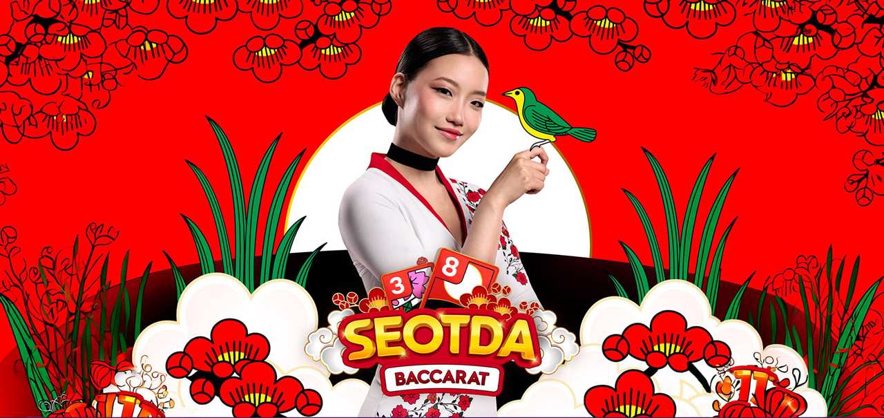 Seotda Baccarat key art with the dealer holding a bird on a red Hwatu-style background above the 3 and 8 Bright cards