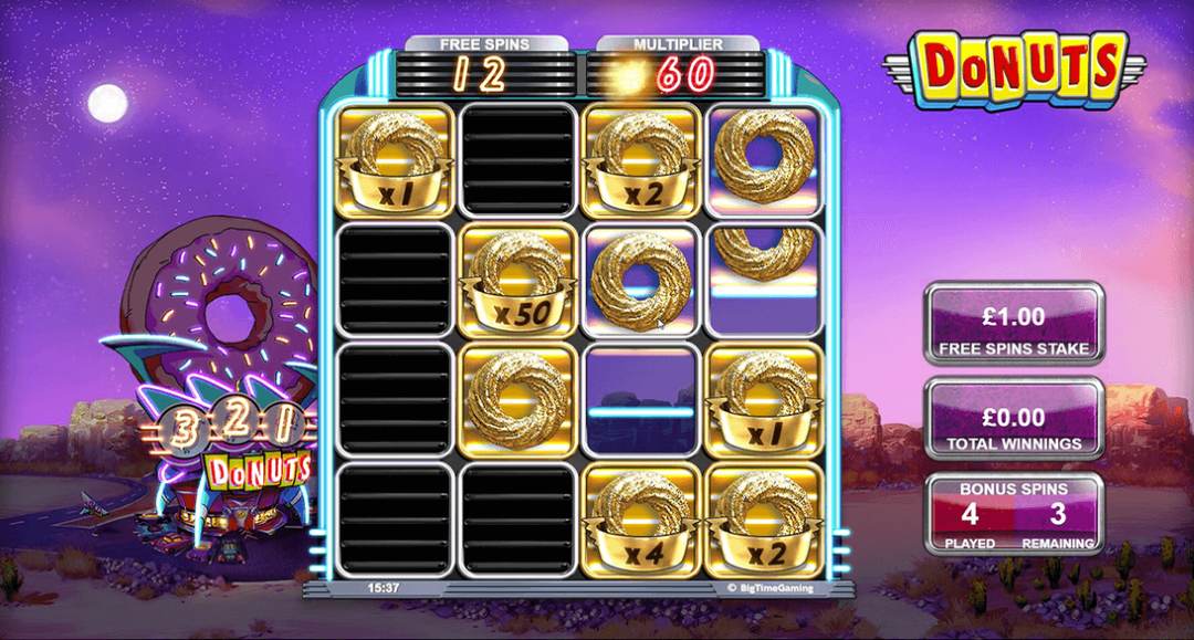 A bonus round grid of gold multiplier symbols beside a free spins counter and a running multiplier meter