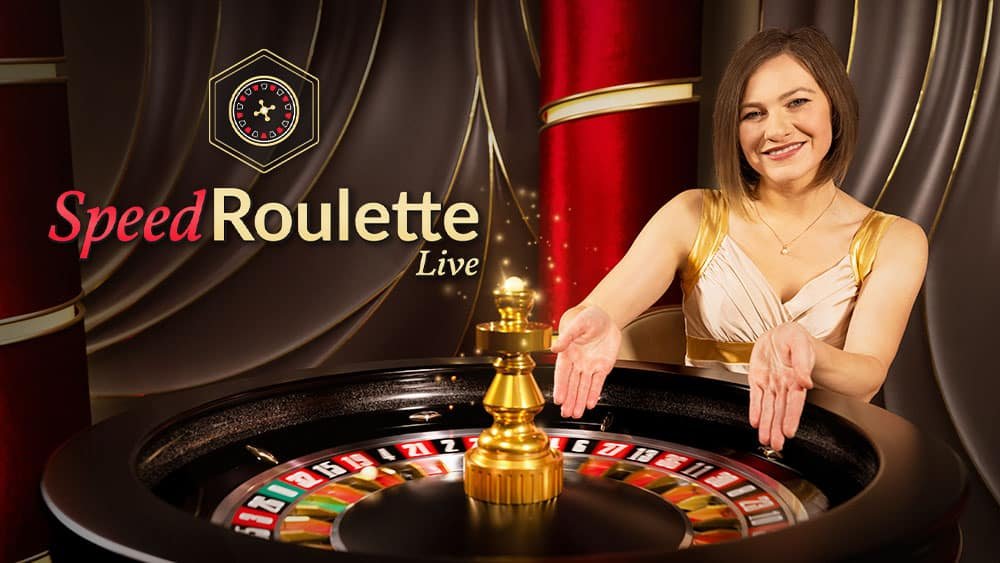 Speed Roulette Live key art with the dealer behind a European roulette wheel in a red and gold studio