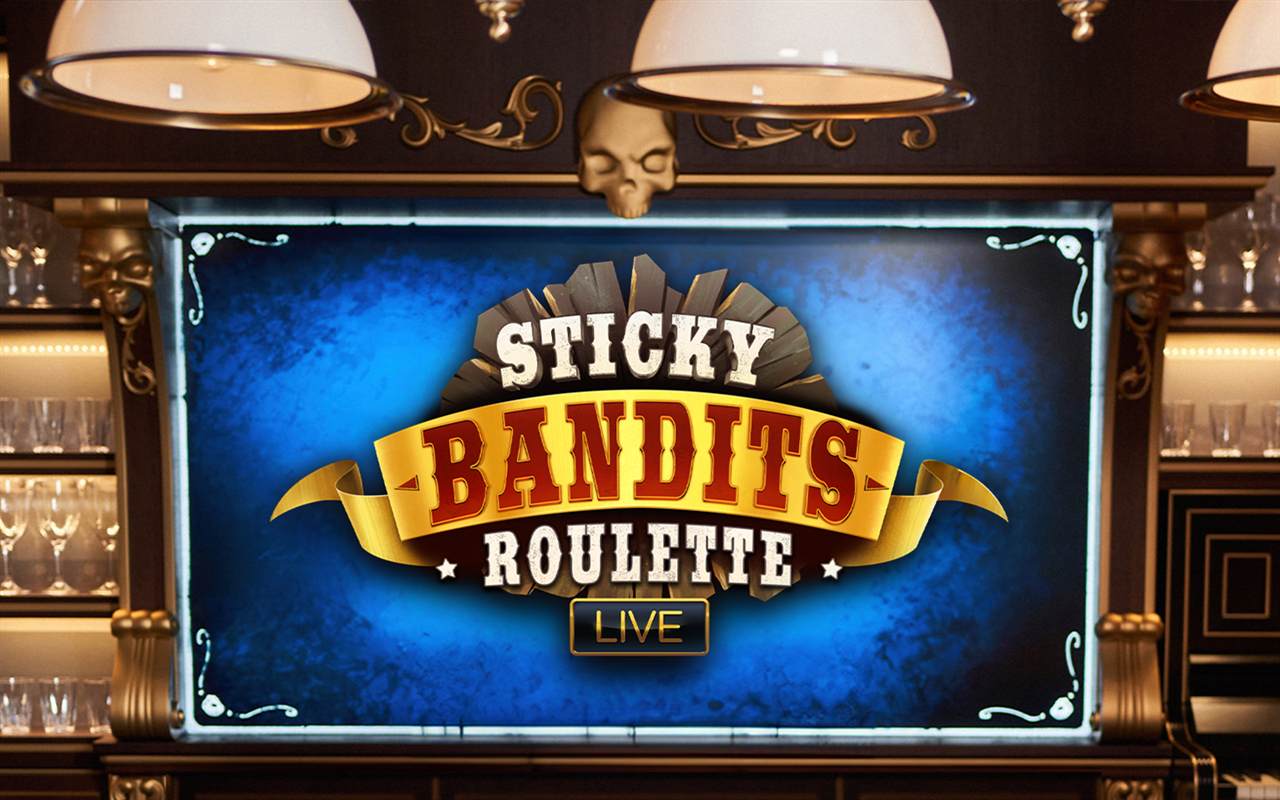 Sticky Bandits Roulette Live logo on the screen behind the saloon bar, under brass lamps and a gold skull