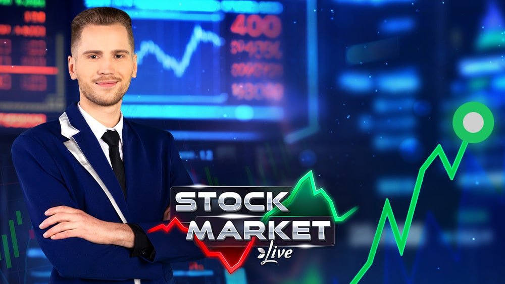 Stock Market Live key art with the game host in a suit in front of trading screens and a rising green chart