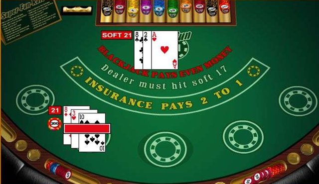 A super fun 21 software table printed with blackjack pays even money and dealer must hit soft 17 beside a player 21