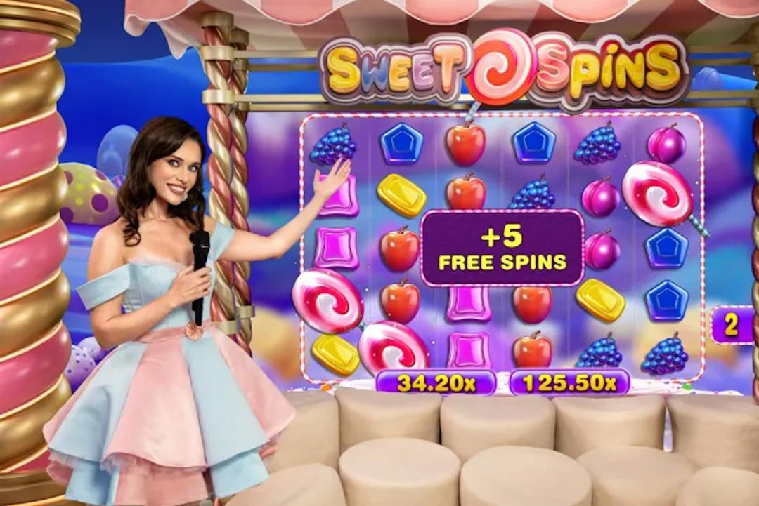 The Sweet Spins bonus round with the host, tumbling candy symbols, multipliers and a plus 5 free spins award