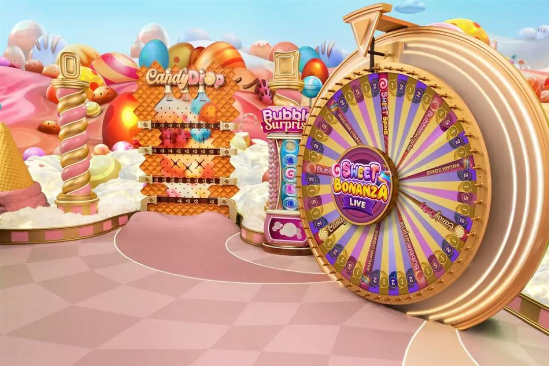 The Sweet Bonanza CandyLand wheel beside the Candy Drop plinko wall and the Bubble Surprise reel in the candy studio