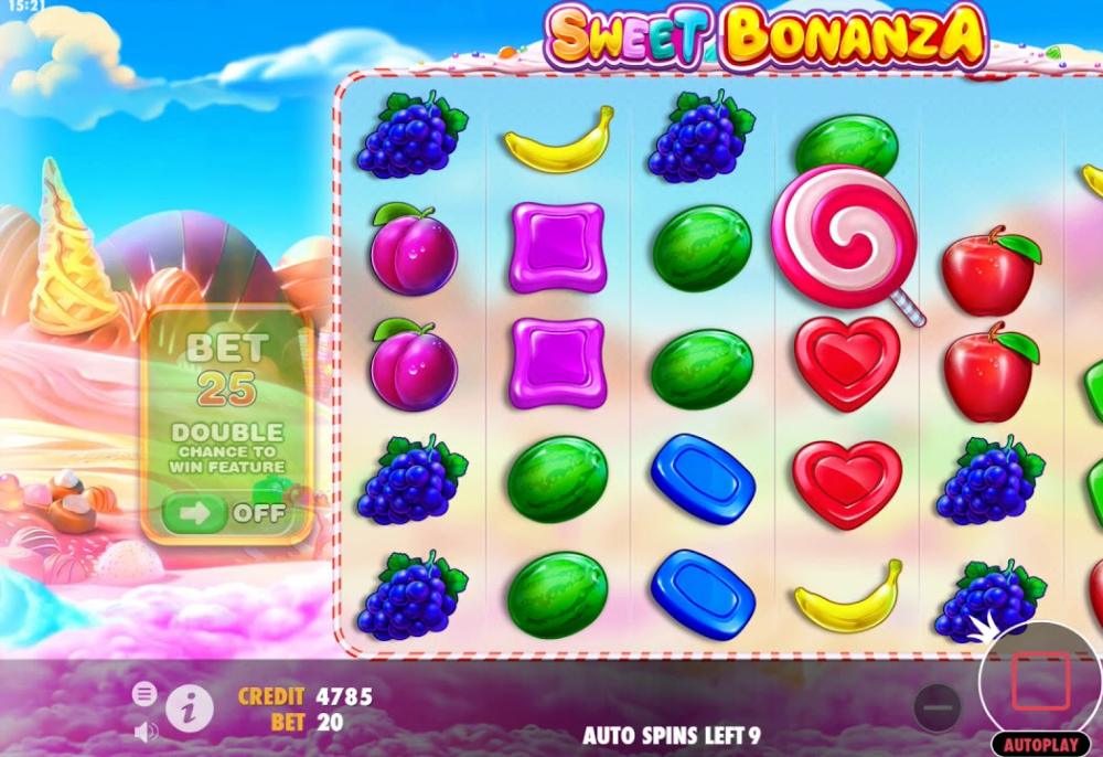 A six by five fruit and candy grid with the ante bet toggle switched off beside the credit and bet fields