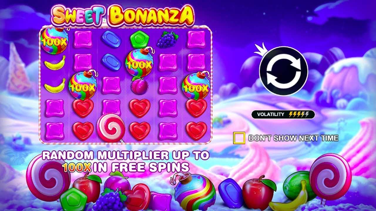 A candy themed slot grid showing multiplier bomb symbols marked one hundred times beside a volatility rating